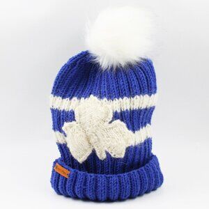 Handmade Hand Knit Large Maple Leafs Blue & White Merino Wool Hat with Pom Pom